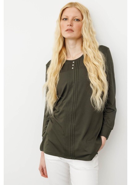 Kadın Sıfır Yaka Uzun Kollu Penye Bluz Haki
