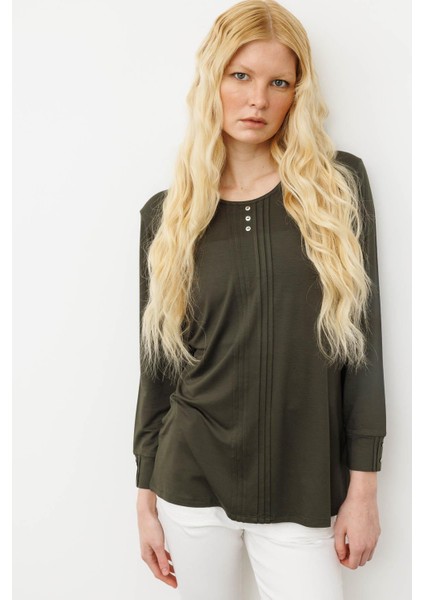 Kadın Sıfır Yaka Uzun Kollu Penye Bluz Haki fiyatları