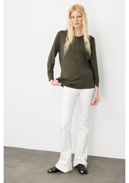 Kadın Sıfır Yaka Uzun Kollu Penye Bluz Haki modelleri