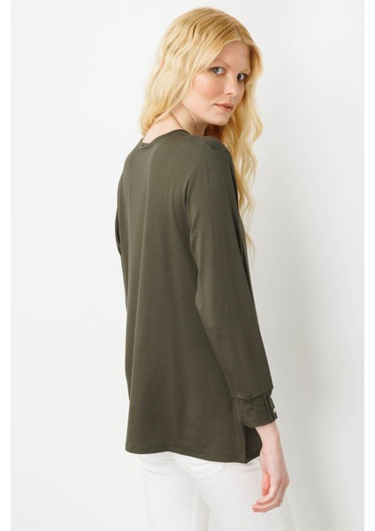 Kadın Sıfır Yaka Uzun Kollu Penye Bluz Haki indirimleri