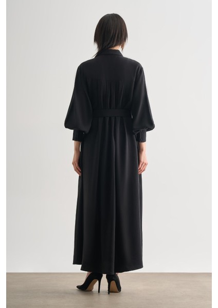 Tencel Dokulu Pile Detaylı Kemerli Maksi Siyah Elbise fırsatları