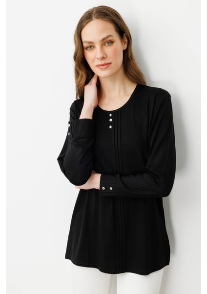 Kadın Sıfır Yaka Uzun Kollu Penye Bluz Siyah