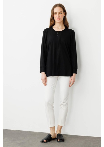 Kadın Sıfır Yaka Uzun Kollu Penye Bluz Siyah fiyatları