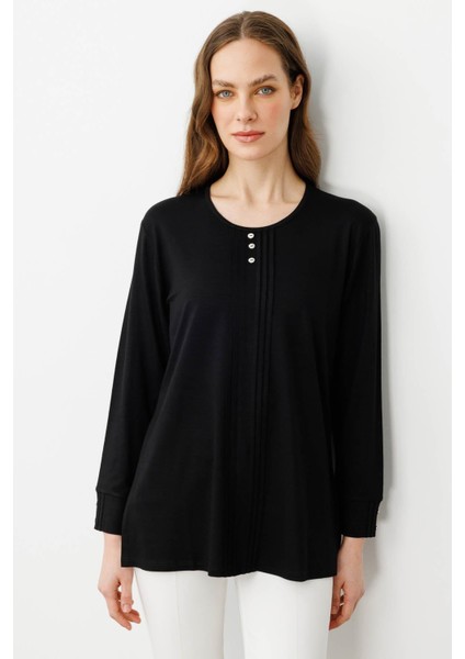 Kadın Sıfır Yaka Uzun Kollu Penye Bluz Siyah modelleri
