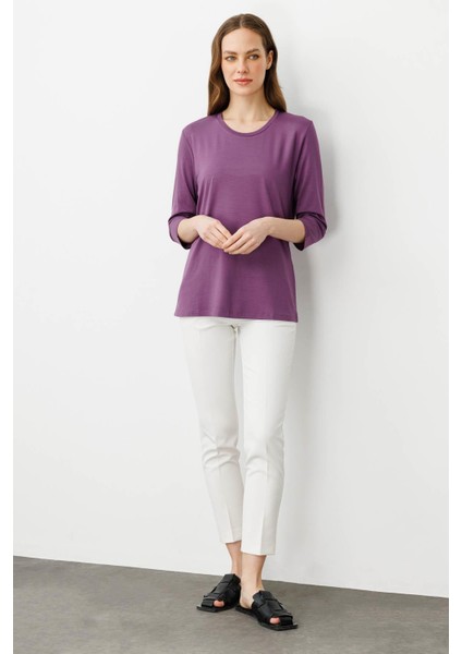 Kadın Sıfır Yaka Düz Penye Bluz Lila modelleri