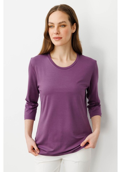 Kadın Sıfır Yaka Düz Penye Bluz Lila indirimleri