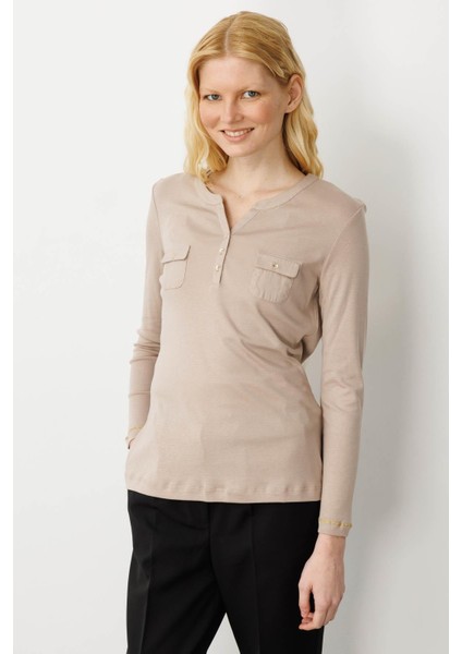 Kadın Açma Yaka Önü Cepli Pamuklu Bluz Vizon fiyatları