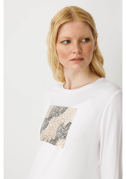 Kadın Sıfır Yaka Önü Taş Baskılı Penye Bluz Ekru fiyatları