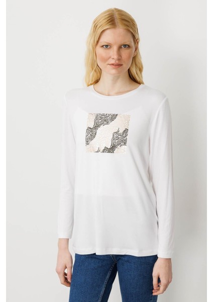 Kadın Sıfır Yaka Önü Taş Baskılı Penye Bluz Ekru modelleri