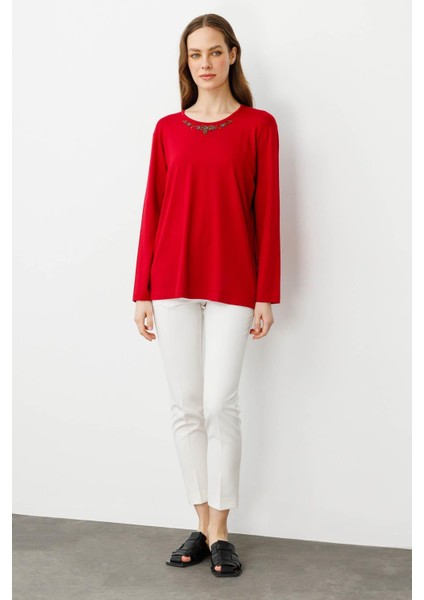 Kadın Sıfır Yaka Boncuk Işlemeli Penye Bluz Kırmızı fiyatları