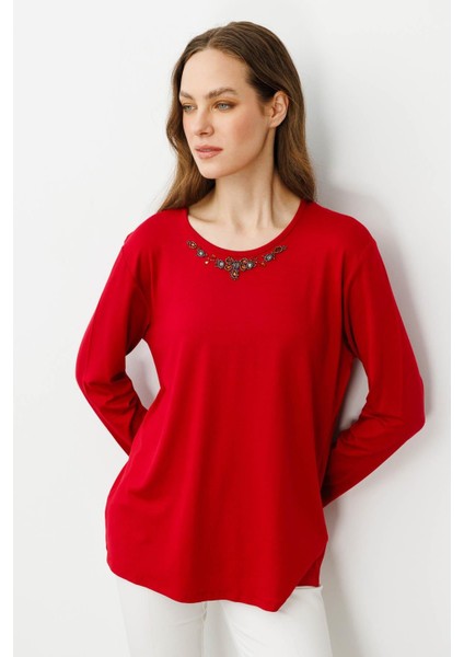 Kadın Sıfır Yaka Boncuk Işlemeli Penye Bluz Kırmızı fırsatları