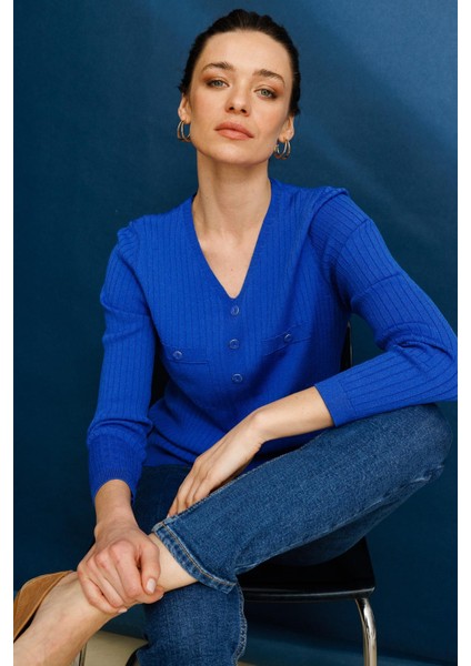 Kadın V Yaka Fitilli Triko Bluz Saks