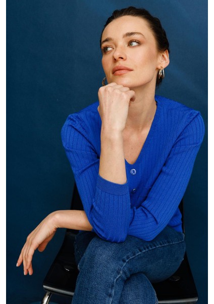 Kadın V Yaka Fitilli Triko Bluz Saks fiyatları