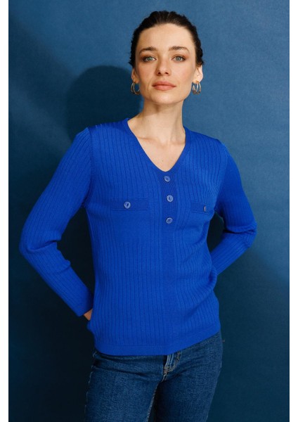 Kadın V Yaka Fitilli Triko Bluz Saks modelleri