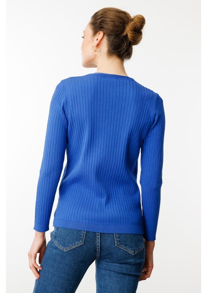 Kadın V Yaka Fitilli Triko Bluz Saks fırsatları