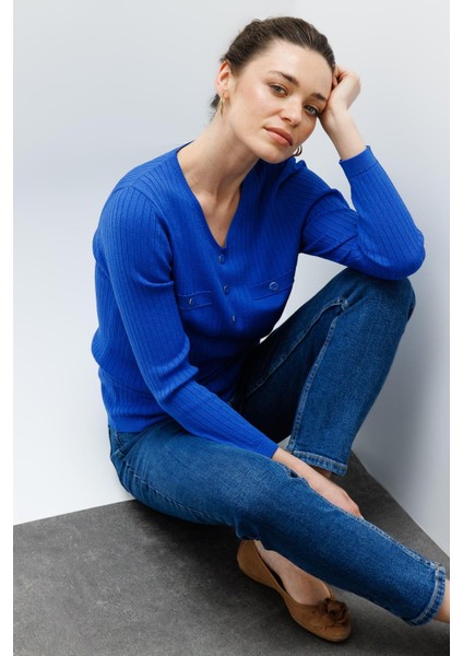 Kadın V Yaka Fitilli Triko Bluz Saks indirimleri