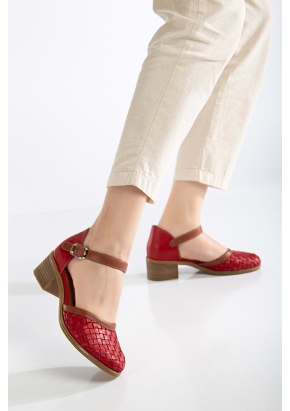 Kadın Deri Burnu Kapalı Örgülü Sandalet - Kırmızı fiyatları