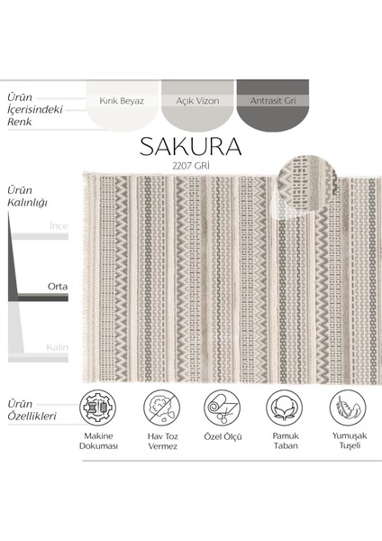Sakura 2207 Gri Hav Toz Vermez Etnik Desenli Modern Dokuma Bukleli Salon Halısı fiyatları