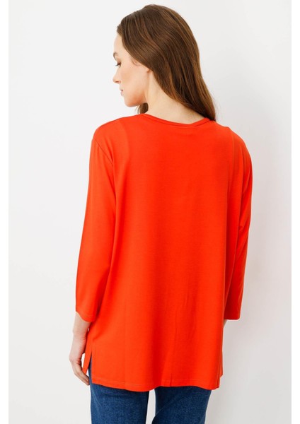 Kadın Sıfır Yaka Nakışlı Penye Bluz Mercan modelleri