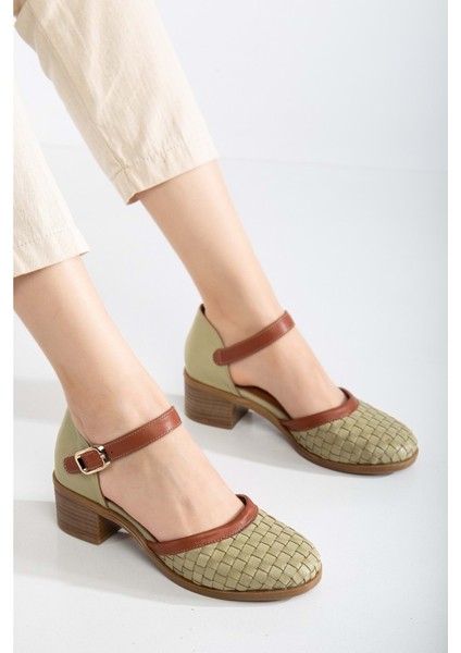 Kadın Deri Burnu Kapalı Örgülü Sandalet - Yeşil