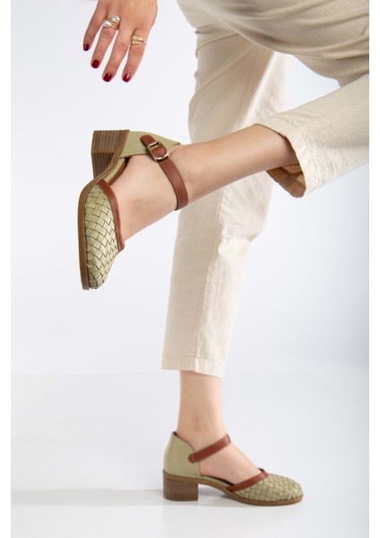 Kadın Deri Burnu Kapalı Örgülü Sandalet - Yeşil fiyatları