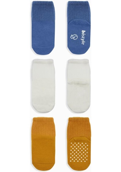 Bistyle Basic Kaymaz Penye Soket Çorap 3'lü BS10107 Indigo Ekru Hardal