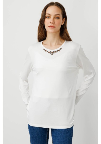 Kadın Sıfır Yaka Boncuk Işlemeli Penye Bluz Ekru fiyatları