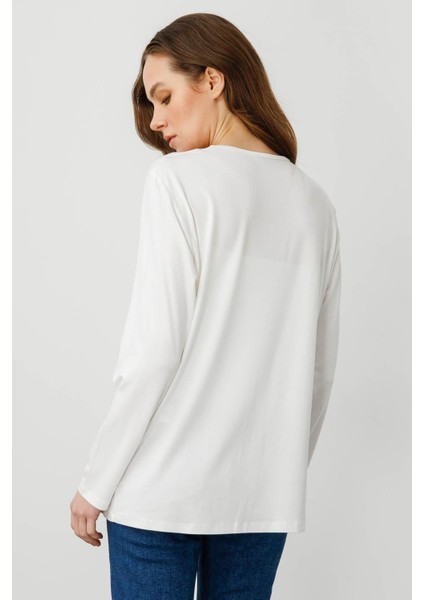 Kadın Sıfır Yaka Boncuk Işlemeli Penye Bluz Ekru indirimleri