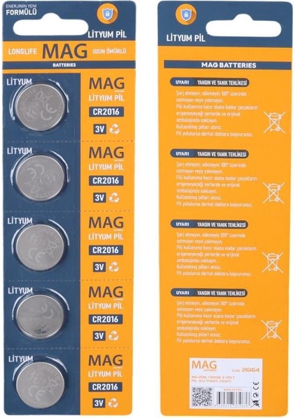 MG-2016 CR2016 3 Volt Pil (5'li Blister Paket)
