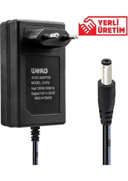 7.5 Volt - 2 Amper 5.5*2.5 Uçlu Yerli Üretim Priz Tipi Adaptör