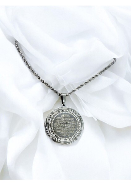 Gümüş Renkli Taş Çerçeveli Çelik Çift Taraflı Ayetel Kürsi/felak Nas Ihlas Burgu Zincirli Kolye