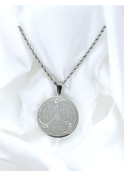 Gümüş Renkli Taş Çerçeveli Çelik Çift Taraflı Ayetel Kürsi/felak Nas Ihlas Burgu Zincirli Kolye fiyatları