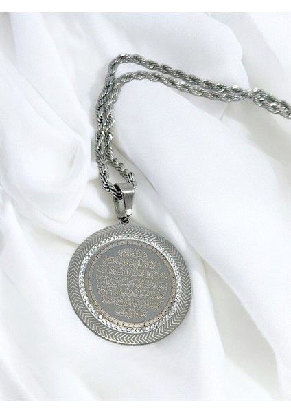 Gümüş Renkli Taş Çerçeveli Çelik Çift Taraflı Ayetel Kürsi/felak Nas Ihlas Burgu Zincirli Kolye modelleri