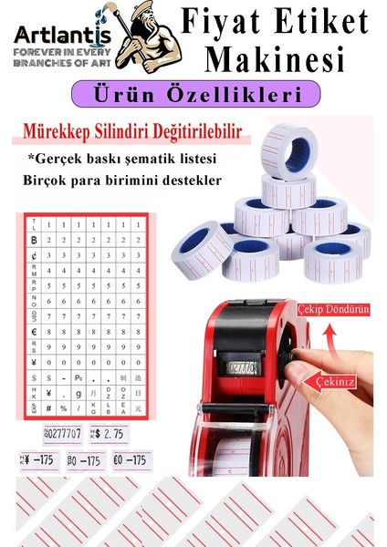 Etiket Makinesi Siyah 1 Adet Sarı Etiketi 10 Rulo Sekiz Haneli Etiketi Makinası Lira Dolar Euro Dayanıklı