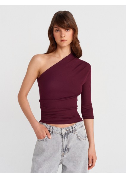 31842 Pile Detaylı Asimetrik Top-Bordo