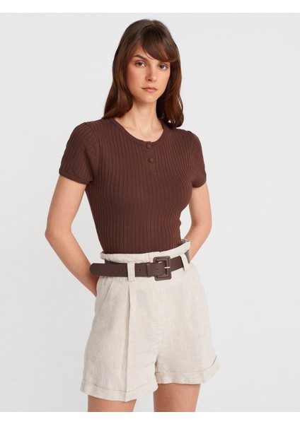 10756 Bisiklet Yaka Düğmeli Triko Bluz-Kahve