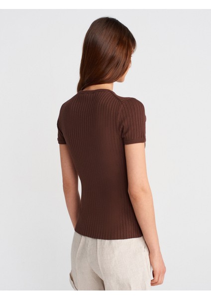 10756 Bisiklet Yaka Düğmeli Triko Bluz-Kahve fiyatları