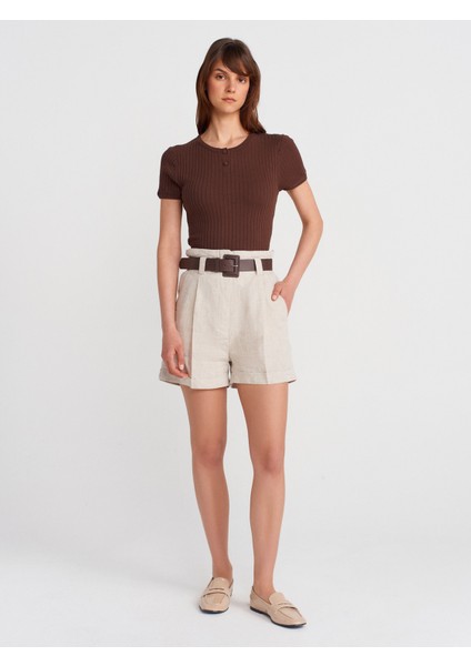 10756 Bisiklet Yaka Düğmeli Triko Bluz-Kahve fırsatları