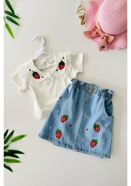 Çilek Nakış Detaylı Kot Etekli Kız Çocuk 2 li takım - Mavi