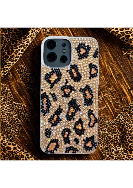 Apple iPhone 13 Pro Max Lüks Taşlı Telefon Kılıfı El Yapımı Leopar Desen