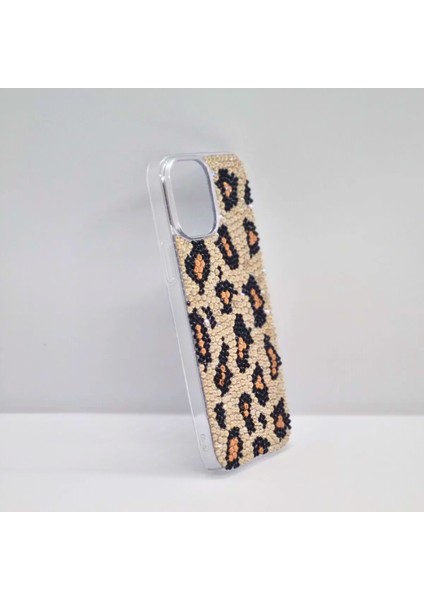 Apple iPhone 13 Pro Max Lüks Taşlı Telefon Kılıfı El Yapımı Leopar Desen