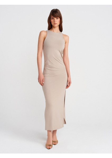 91458 Büzgülü Midi Elbise-Bej