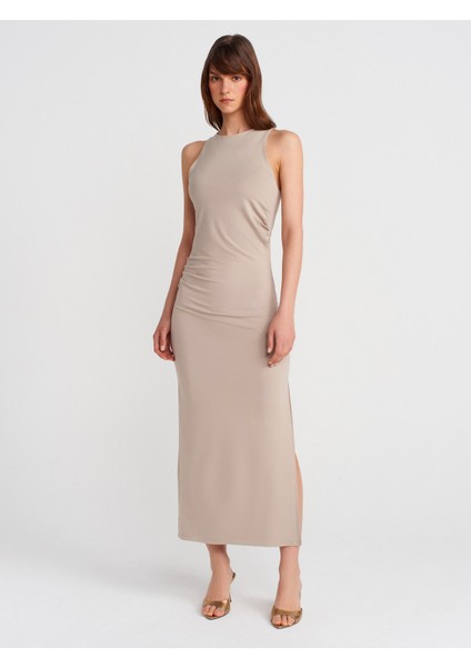 91458 Büzgülü Midi Elbise-Bej fırsatları