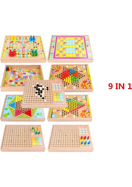 9'u 1 Arada Stil Ahşap Çocuk Oyuncakları 3D Bulmaca Hepsi Bir Arada Uçan Satranç, Çok Fonksiyonlu Satranç Ahşap Satranç (Yurt Dışından)