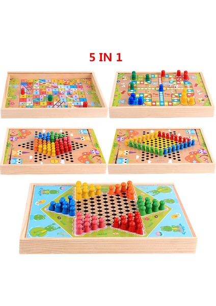 5 In 1 Style Ahşap Çocuk Oyuncakları 3D Bulmaca Hepsi Bir Arada Uçan Satranç, Çok Fonksiyonlu Satranç Ahşap Satranç (Yurt Dışından)