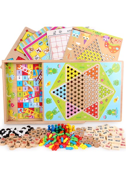 5 In 1 Style Ahşap Çocuk Oyuncakları 3D Bulmaca Hepsi Bir Arada Uçan Satranç, Çok Fonksiyonlu Satranç Ahşap Satranç (Yurt Dışından)