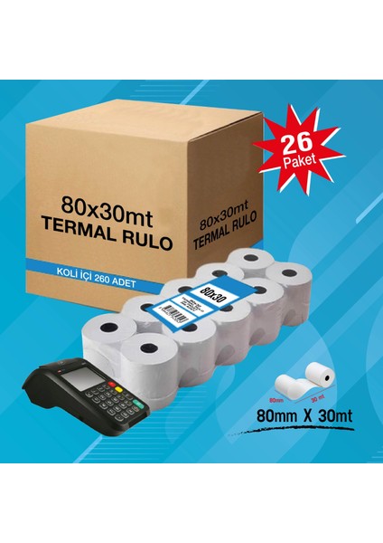 Yazar Kasa Termal Pos Rulosu 80MM x 30MT 26 Paket 260 Adet