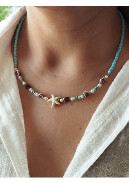 Deniz Yıldızı, Midye Kabuk Charm'lı Yaz Sıcağı Mavi Kumboncuk Kadın Kolye