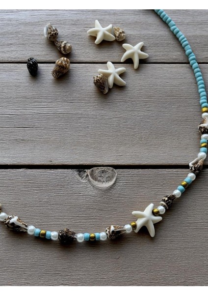 Deniz Yıldızı, Midye Kabuk Charm'lı Yaz Sıcağı Mavi Kumboncuk Kadın Kolye fiyatları