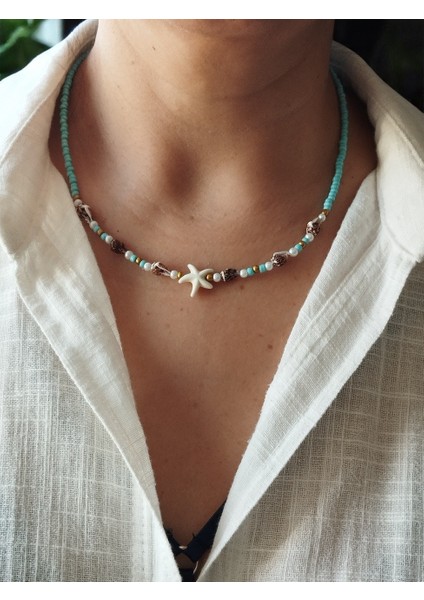 Deniz Yıldızı, Midye Kabuk Charm'lı Yaz Sıcağı Mavi Kumboncuk Kadın Kolye modelleri